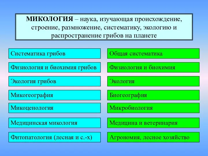 МИКОЛОГИЯ – наука, изучающая происхождение, строение, размножение, систематику, экологию и распространение грибов на планете