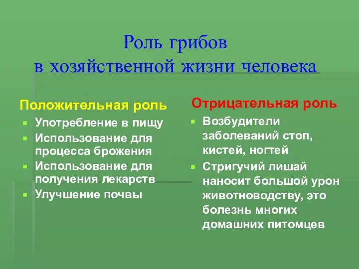 Роль грибов в хозяйственной жизни человека Положительная роль Употребление в пищу