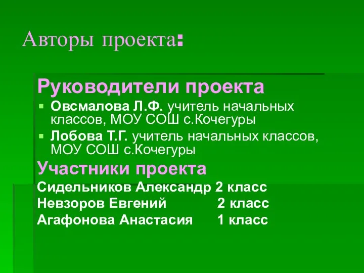 Авторы проекта: Руководители проекта Овсмалова Л.Ф. учитель начальных классов, МОУ СОШ