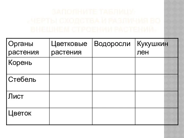 ЗАПОЛНИТЕ ТАБЛИЦУ: « ЧЕРТЫ СХОДСТВА И РАЗЛИЧИЯ ВО ВНЕШНЕМ СТРОЕНИИ РАСТЕНИЙ»