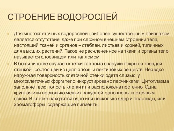 Строение водорослей Для многоклеточных водорослей наиболее существенным признаком является отсутствие, даже