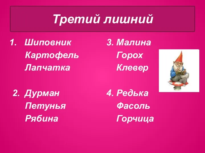 Шиповник Картофель Лапчатка 2. Дурман Петунья Рябина 3. Малина Горох Клевер