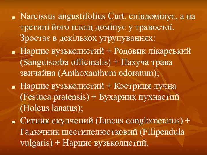 Narcissus angustifolius Curt. співдомінує, а на третині його площ домінує у