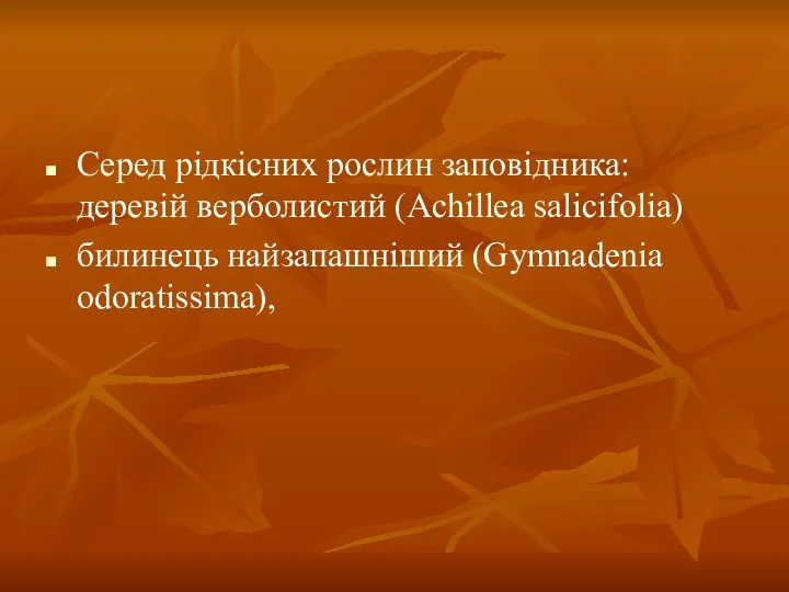 Серед рiдкicних рослин заповідника: деревій верболистий (Achillea salicifolia) билинець найзапашніший (Gymnadenia odoratissima),