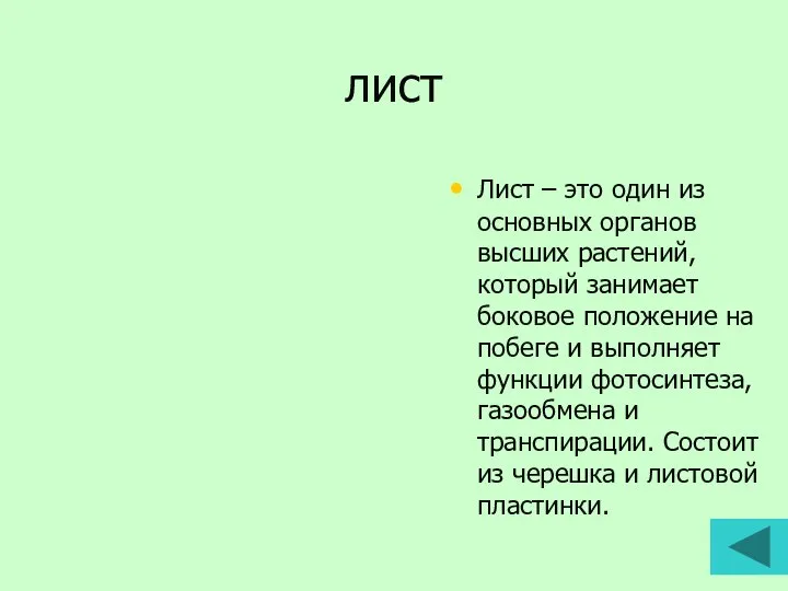 лист Лист – это один из основных органов высших растений, который