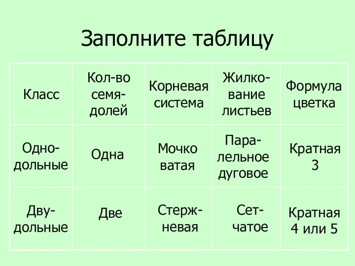 Заполните таблицу Одна Две Мочковатая Пара-лельное дуговое Кратная 3 Стерж-невая Сет-чатое Кратная 4 или 5