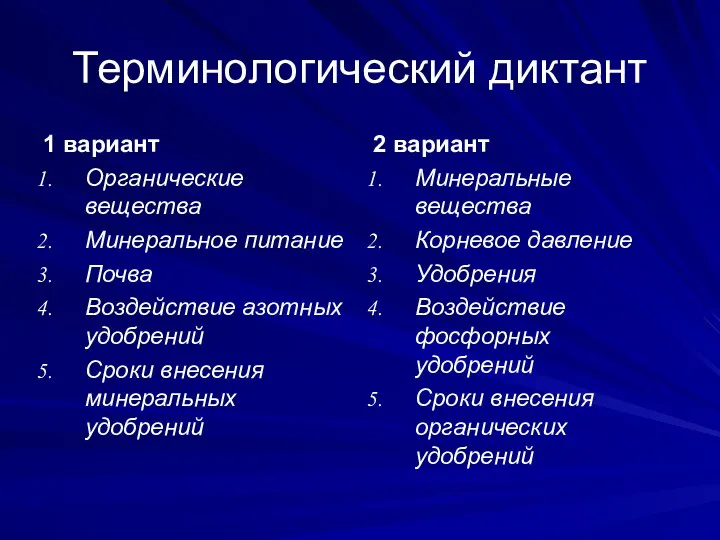 Терминологический диктант 1 вариант Органические вещества Минеральное питание Почва Воздействие азотных