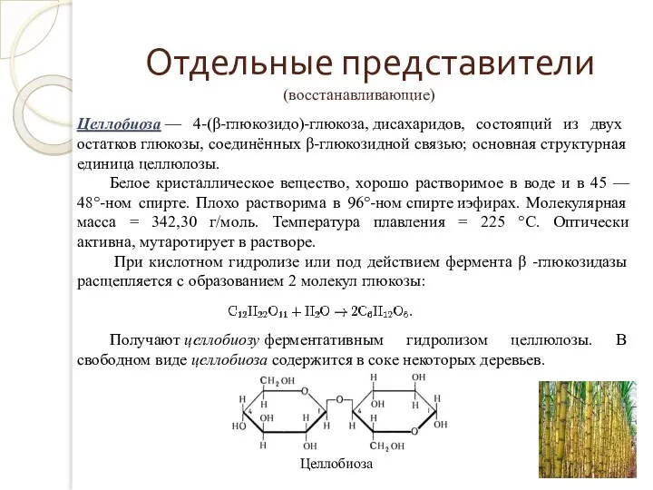 Отдельные представители (восстанавливающие) Целлобиоза — 4-(β-глюкозидо)-глюкоза, дисахаридов, состоящий из двух остатков