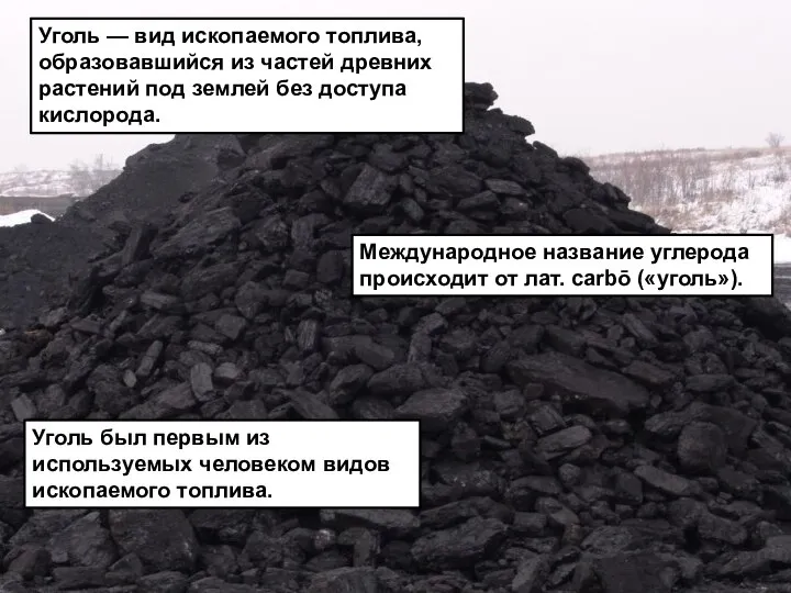 Уголь — вид ископаемого топлива, образовавшийся из частей древних растений под