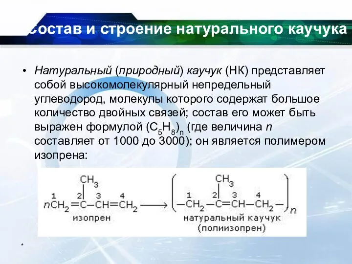 * Состав и строение натурального каучука Натуральный (природный) каучук (НК) представляет