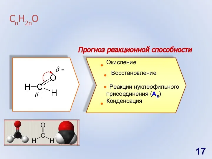 СnH2nO Прогноз реакционной способности Окисление Восстановление Реакции нуклеофильного присоединения (AE) Конденсация