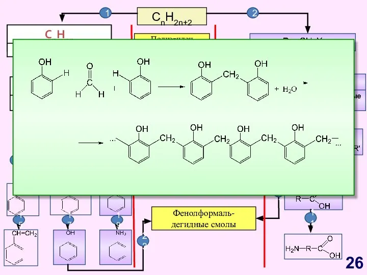 CnH2n+2 CnH2n-6 Арены, бензол Полиэтилен Полипропилен Каучуки Жиры Фенолформаль- дегидные смолы