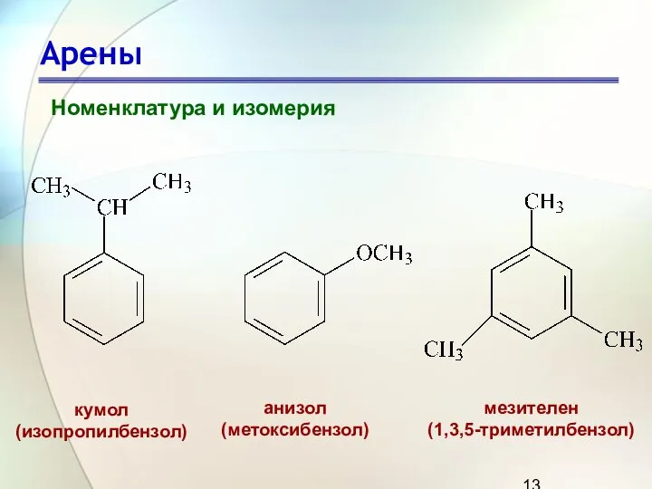 Арены Номенклатура и изомерия кумол (изопропилбензол) анизол (метоксибензол) мезителен (1,3,5-триметилбензол)