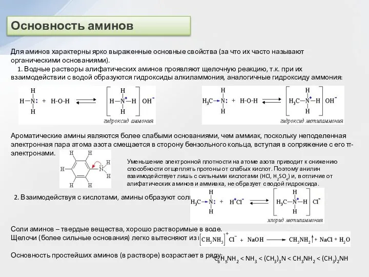 Основность аминов Для аминов характерны ярко выраженные основные свойства (за что