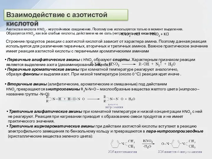 Взаимодействие с азотистой кислотой Азотистая кислота HNO2 - неустойчивое соединение. Поэтому