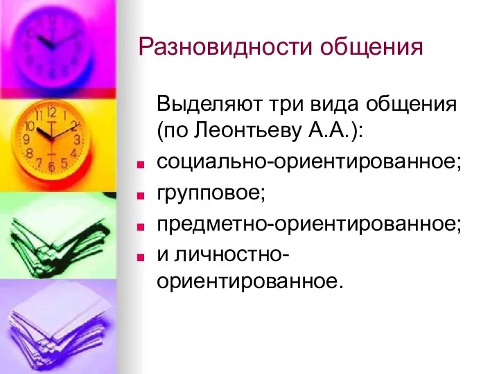 Разновидности общения Выделяют три вида общения (по Леонтьеву А.А.): социально-ориентированное; групповое; предметно-ориентированное; и личностно-ориентированное.