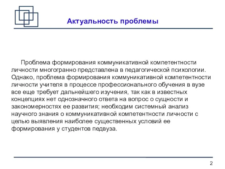 Актуальность проблемы Проблема формирования коммуникативной компетентности личности многогранно представлена в педагогической