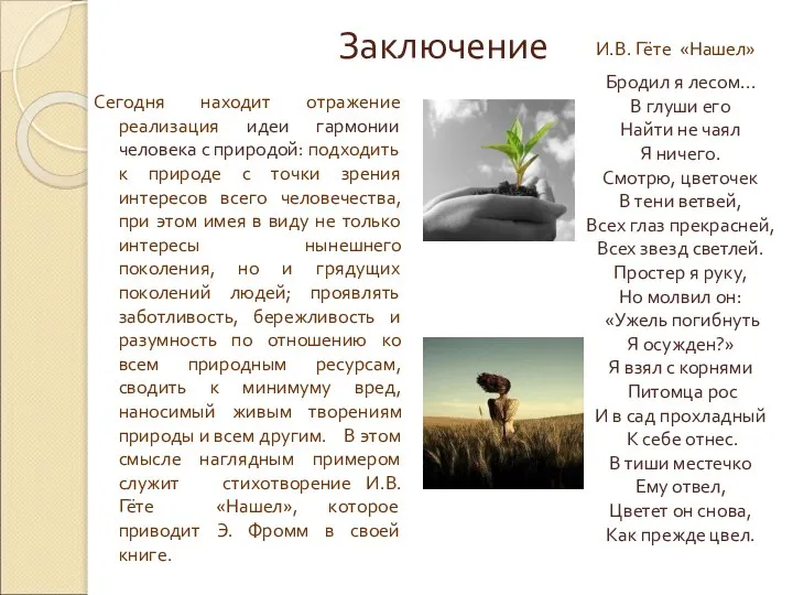 Заключение Сегодня находит отражение реализация идеи гармонии человека с природой: подходить