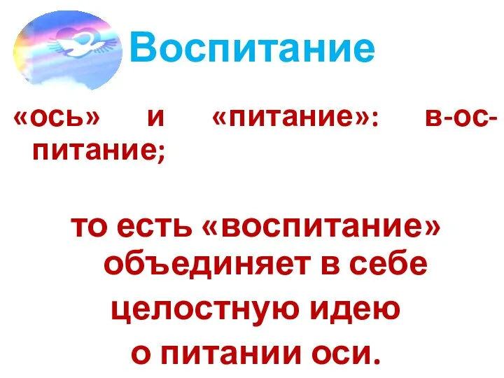 Воспитание «ось» и «питание»: в-ос-питание; то есть «воспитание» объединяет в себе целостную идею о питании оси.