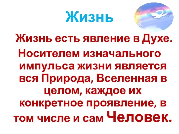 Жизнь Жизнь есть явление в Духе. Носителем изначального импульса жизни является