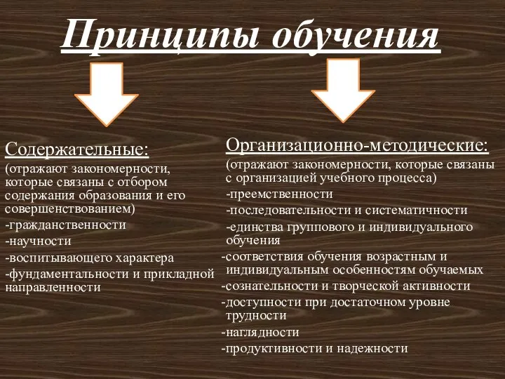 Принципы обучения Содержательные: (отражают закономерности, которые связаны с отбором содержания образования