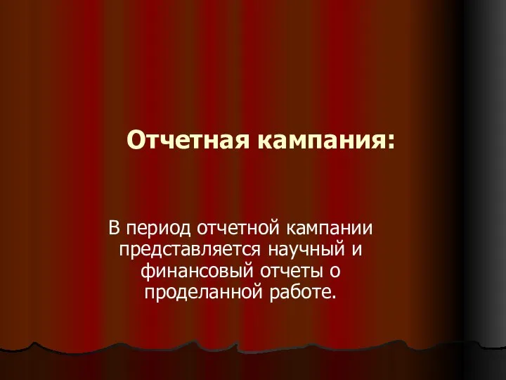 Отчетная кампания: В период отчетной кампании представляется научный и финансовый отчеты о проделанной работе.