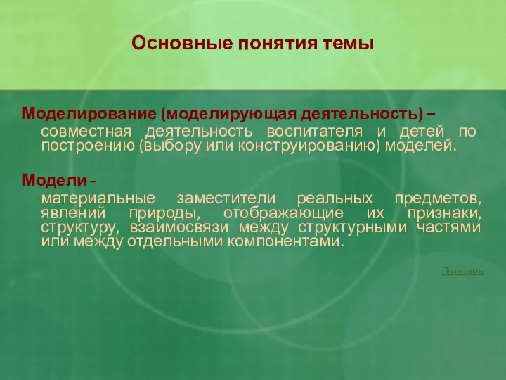 Основные понятия темы Моделирование (моделирующая деятельность) – совместная деятельность воспитателя и