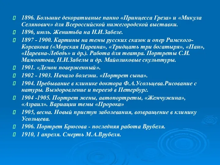 1896. Большие декоративные панно «Принцесса Греза» и «Микула Селянович» для Всероссийской