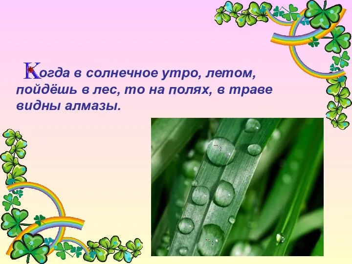 огда в солнечное утро, летом, пойдёшь в лес, то на полях, в траве видны алмазы.