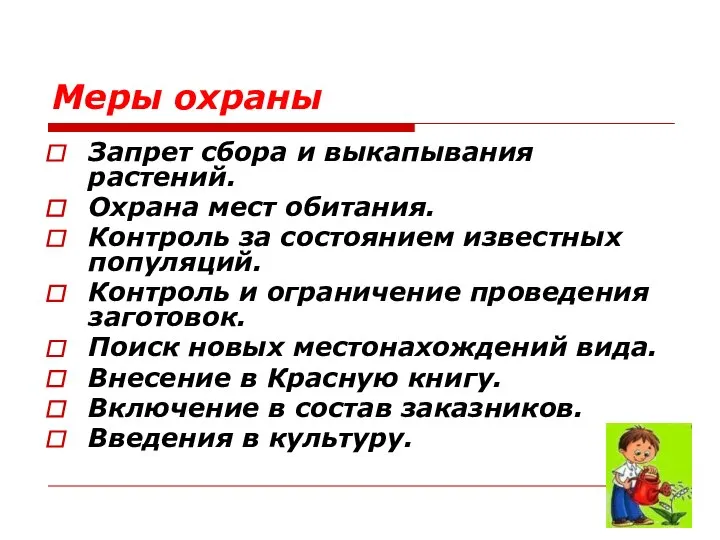 Меры охраны Запрет сбора и выкапывания растений. Охрана мест обитания. Контроль