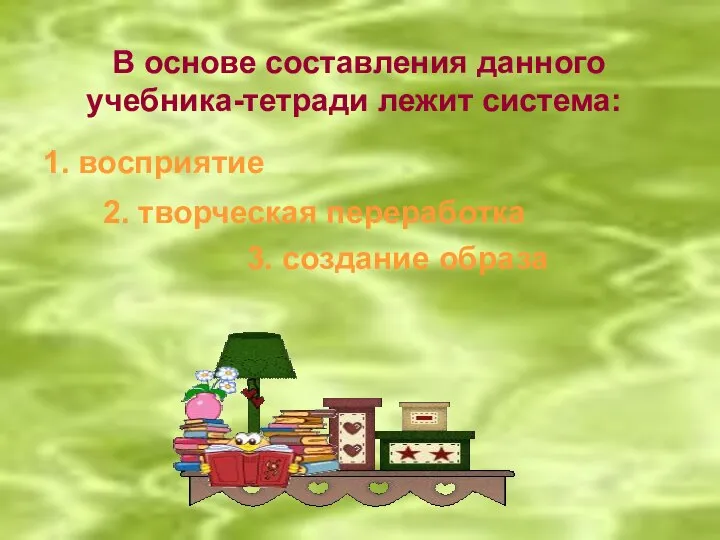 В основе составления данного учебника-тетради лежит система: 1. восприятие 2. творческая переработка 3. создание образа