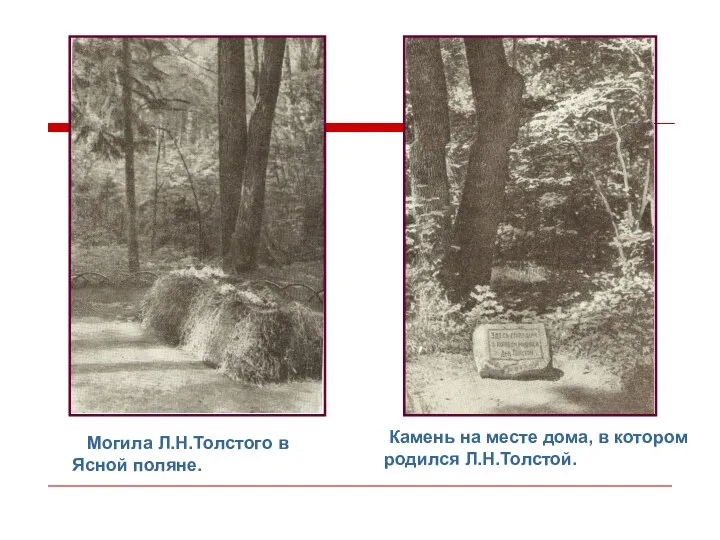 Могила Л.Н.Толстого в Ясной поляне. Камень на месте дома, в котором родился Л.Н.Толстой.