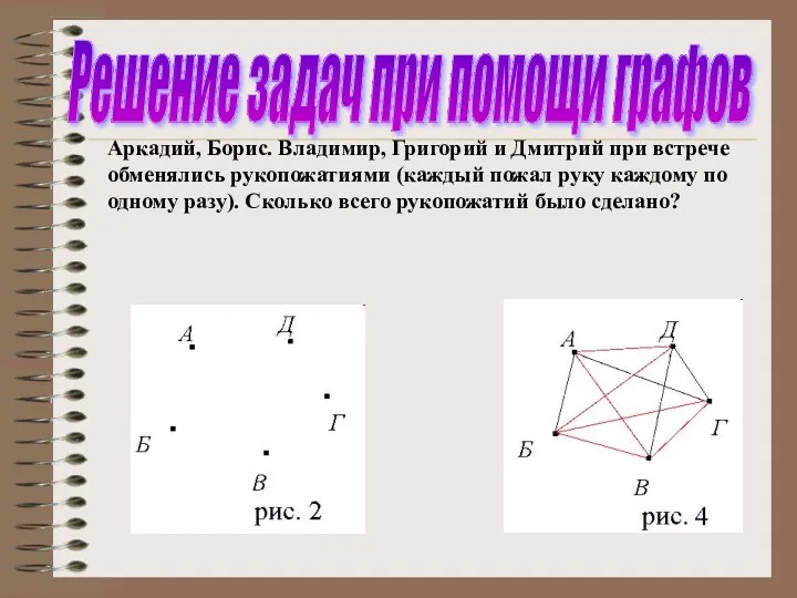 Аркадий, Борис. Владимир, Григорий и Дмитрий при встрече обменялись рукопожатиями (каждый