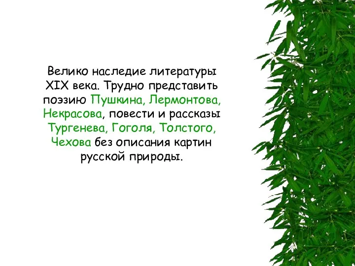 Велико наследие литературы XIX века. Трудно представить поэзию Пушкина, Лермонтова, Некрасова,