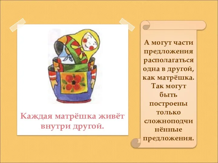 А могут части предложения располагаться одна в другой, как матрёшка. Так