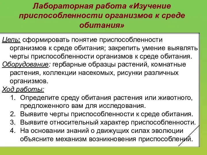 Цель: сформировать понятие приспособленности организмов к среде обитания; закрепить умение выявлять