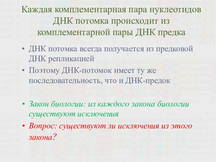 Каждая комплементарная пара нуклеотидов ДНК потомка происходит из комплементарной пары ДНК