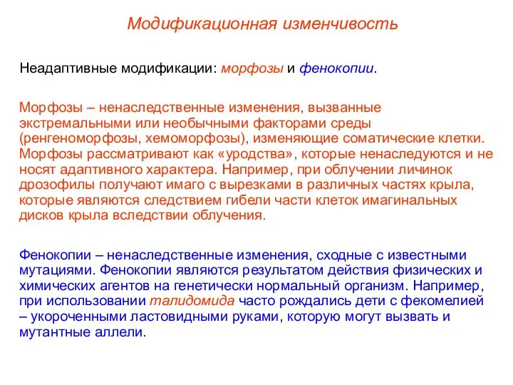 Модификационная изменчивость Неадаптивные модификации: морфозы и фенокопии. Морфозы – ненаследственные изменения,