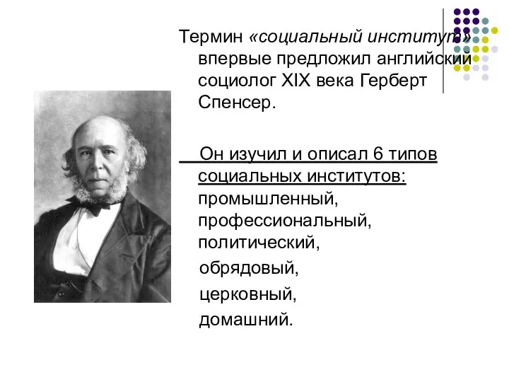 Термин «социальный институт» впервые предложил английский социолог XIX века Герберт Спенсер.