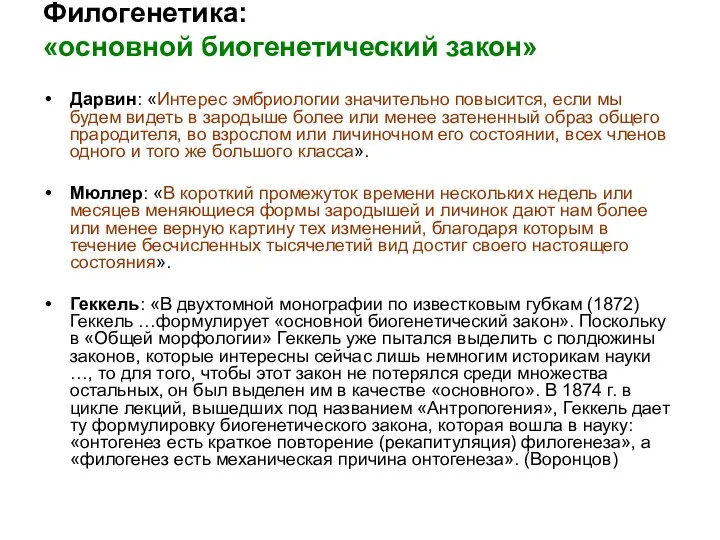 Филогенетика: «основной биогенетический закон» Дарвин: «Интерес эмбриологии значительно повысится, если мы