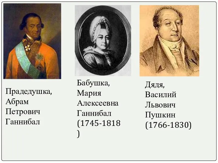 Бабушка, Мария Алексеевна Ганнибал (1745-1818) Прадедушка, Абрам Петрович Ганнибал Дядя, Василий Львович Пушкин (1766-1830)