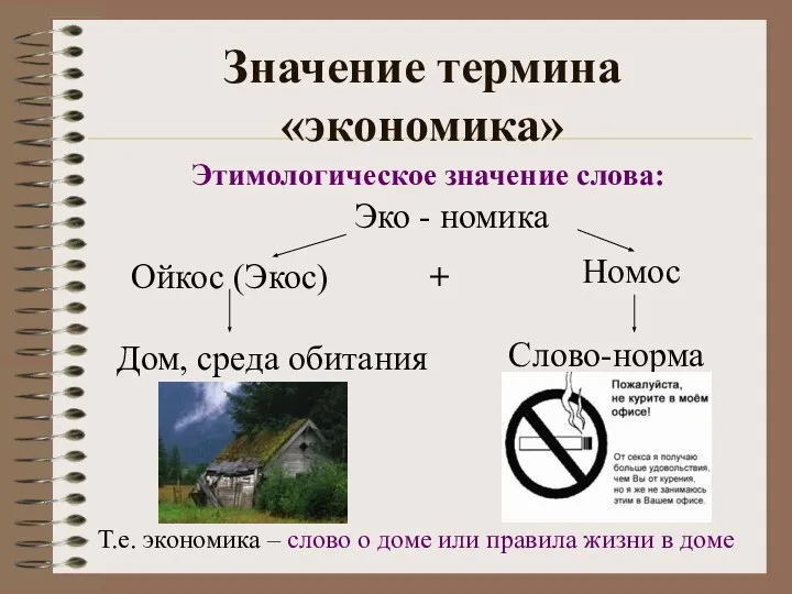 Значение термина «экономика» Этимологическое значение слова: Эко - номика Ойкос (Экос)