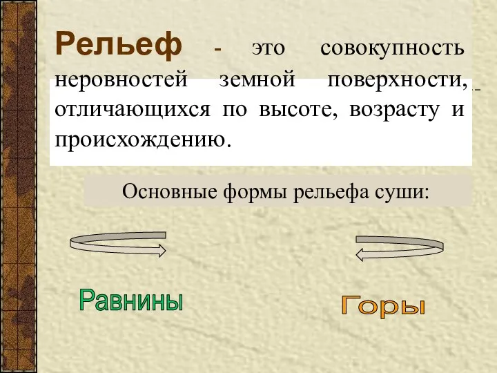 Рельеф - это совокупность неровностей земной поверхности, отличающихся по высоте, возрасту