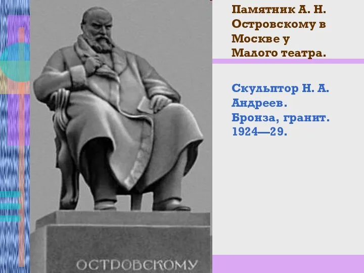 Памятник А. Н. Островскому в Москве у Малого театра. Скульптор Н. А. Андреев. Бронза, гранит. 1924—29.