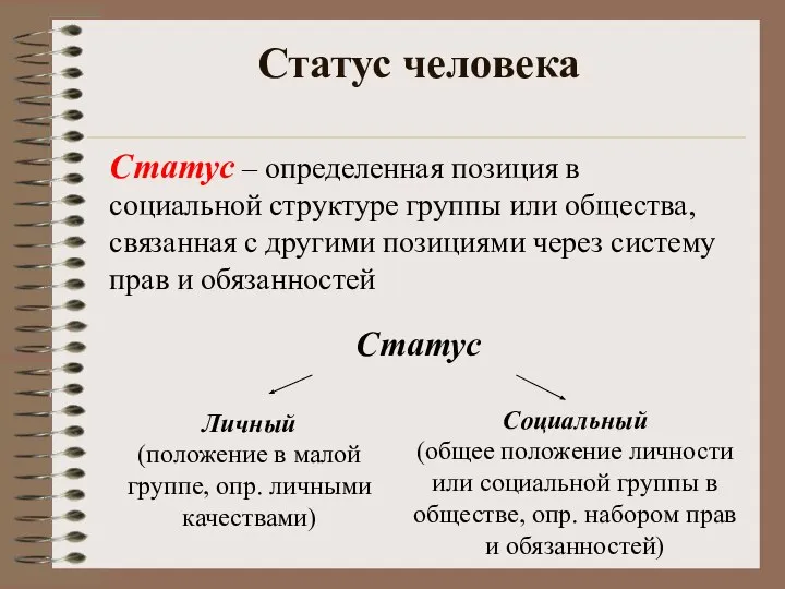 Статус человека Статус – определенная позиция в социальной структуре группы или