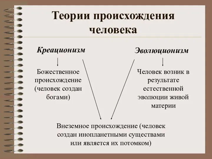 Теории происхождения человека Креационизм Эволюционизм Божественное происхождение (человек создан богами) Человек