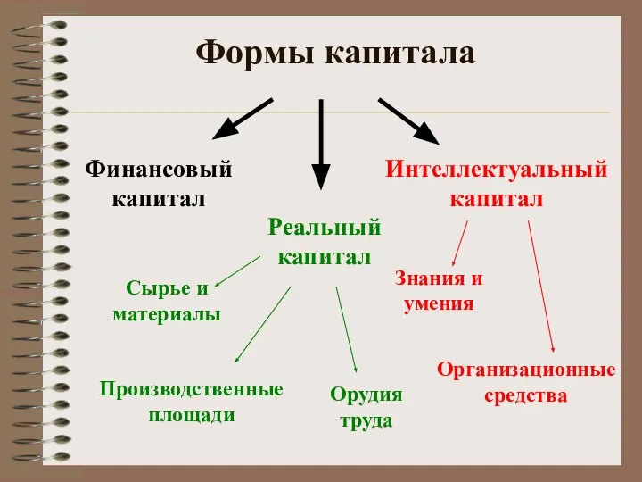 Формы капитала Реальный капитал Интеллектуальный капитал Финансовый капитал Знания и умения