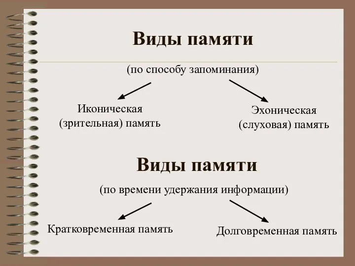 Виды памяти Эхоническая (слуховая) память (по способу запоминания) Иконическая (зрительная) память