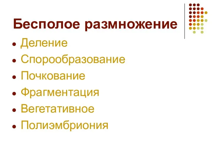 Бесполое размножение Деление Спорообразование Почкование Фрагментация Вегетативное Полиэмбриония