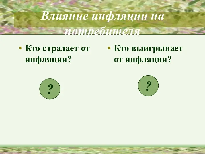 Влияние инфляции на потребителя Кто страдает от инфляции? Кто выигрывает от инфляции? ? ?